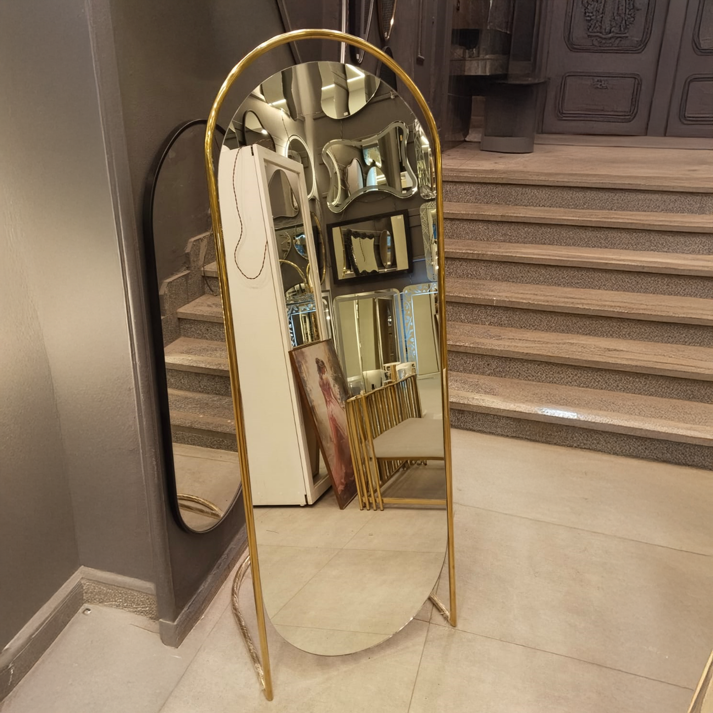 Full-Length Arch Mirror with Gold Metal Frame