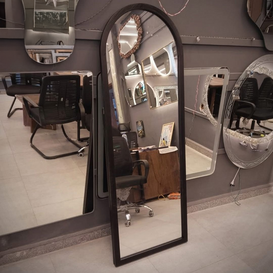Tall arched mirror with wooden frame