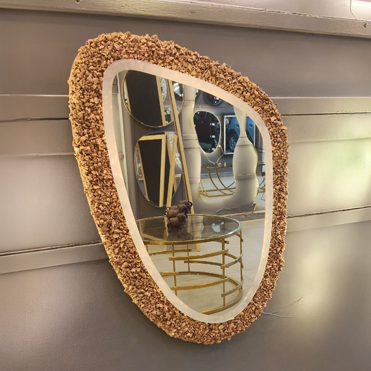 Earth-Tone Pebble Frame Mirror with LED Glow